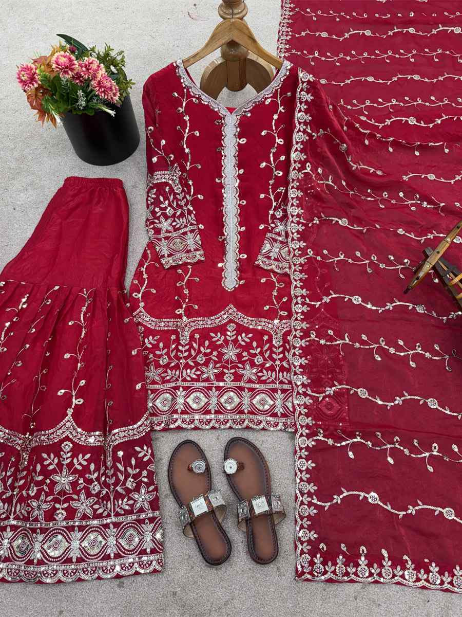 Pink Pure Fendy Silk Embroidery Party Wedding Festival Casual Ready Sharara Pant Salwar Kameez