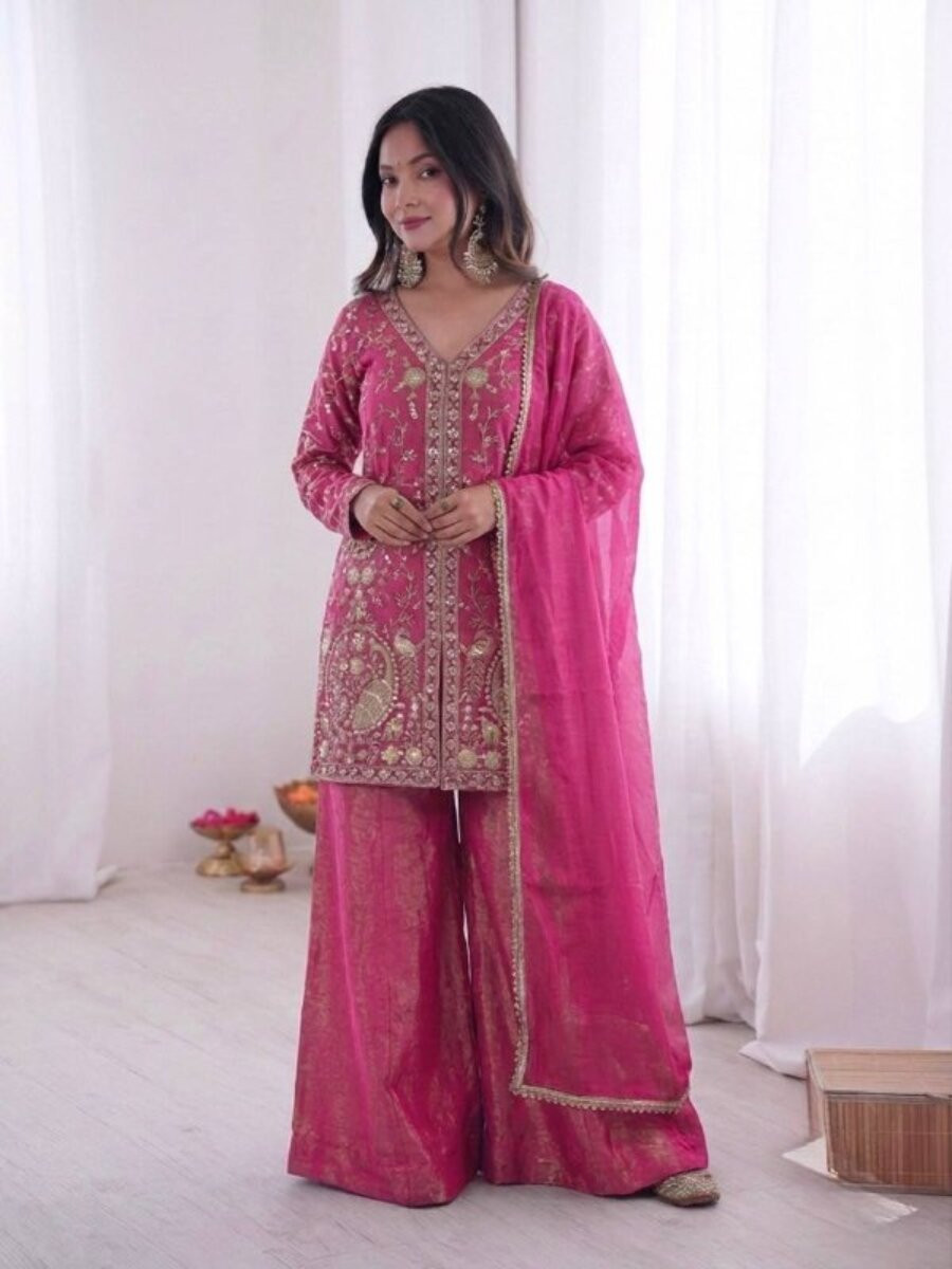 Pink Pure Fendy Silk Embroidery Sequins Wedding Party Festival Casual Ready Palazzo Pant Salwar Kameez