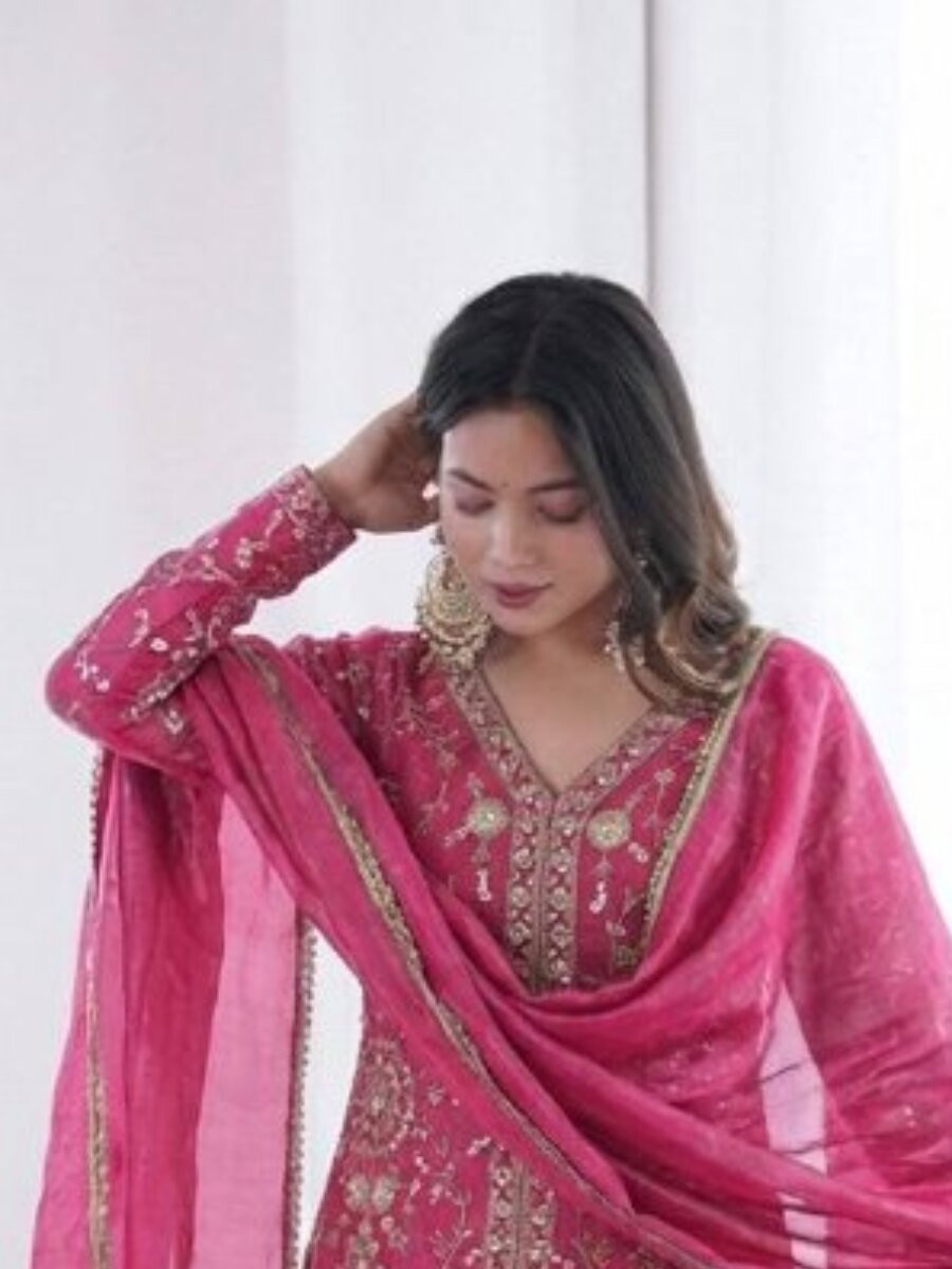 Pink Pure Fendy Silk Embroidery Sequins Wedding Party Festival Casual Ready Palazzo Pant Salwar Kameez