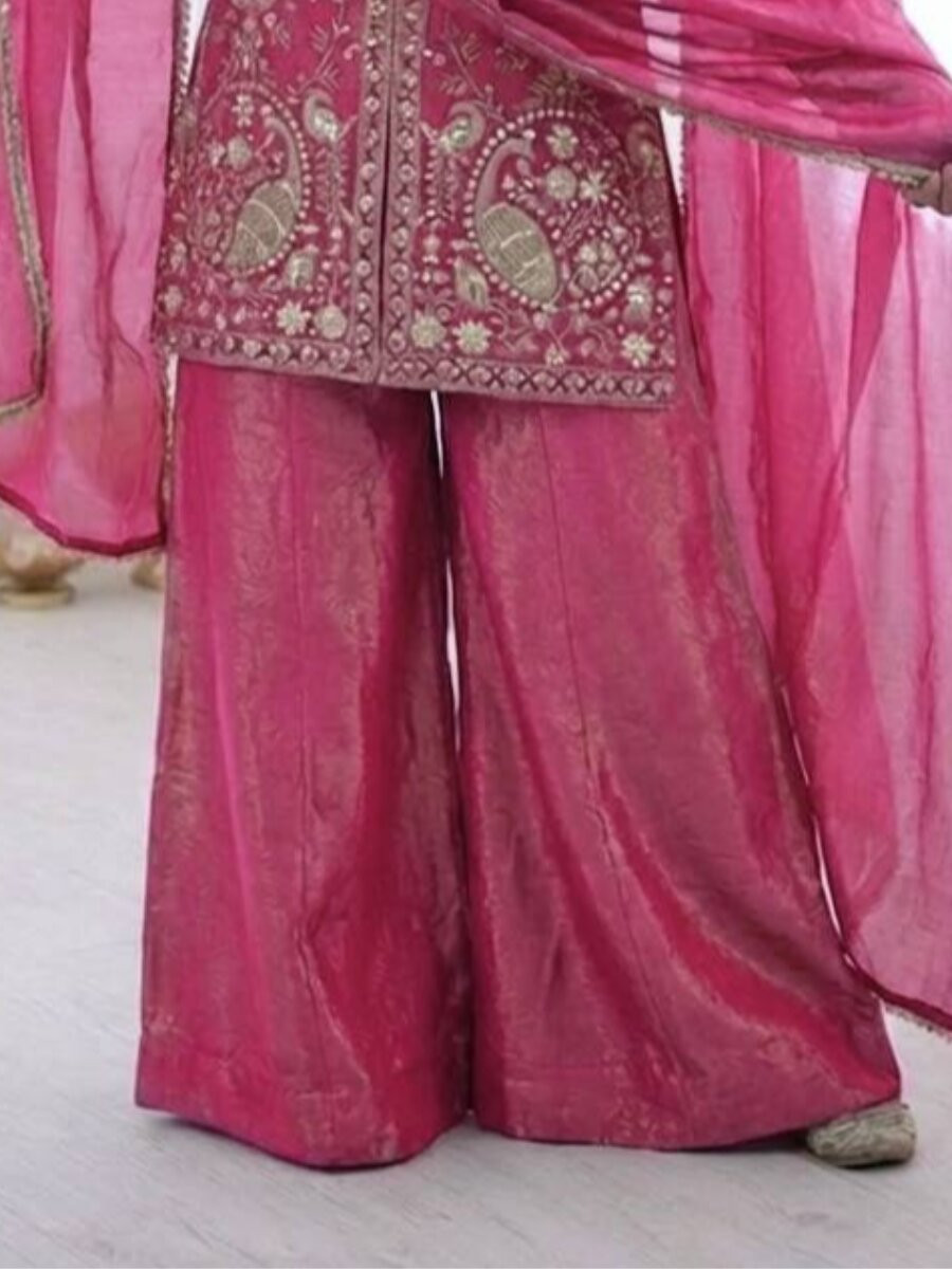 Pink Pure Fendy Silk Embroidery Sequins Wedding Party Festival Casual Ready Palazzo Pant Salwar Kameez