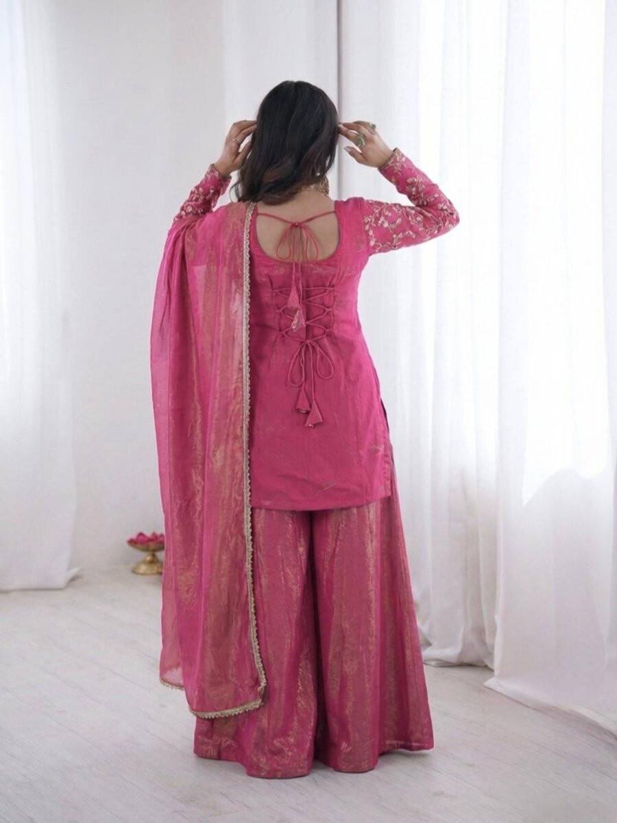 Pink Pure Fendy Silk Embroidery Sequins Wedding Party Festival Casual Ready Palazzo Pant Salwar Kameez