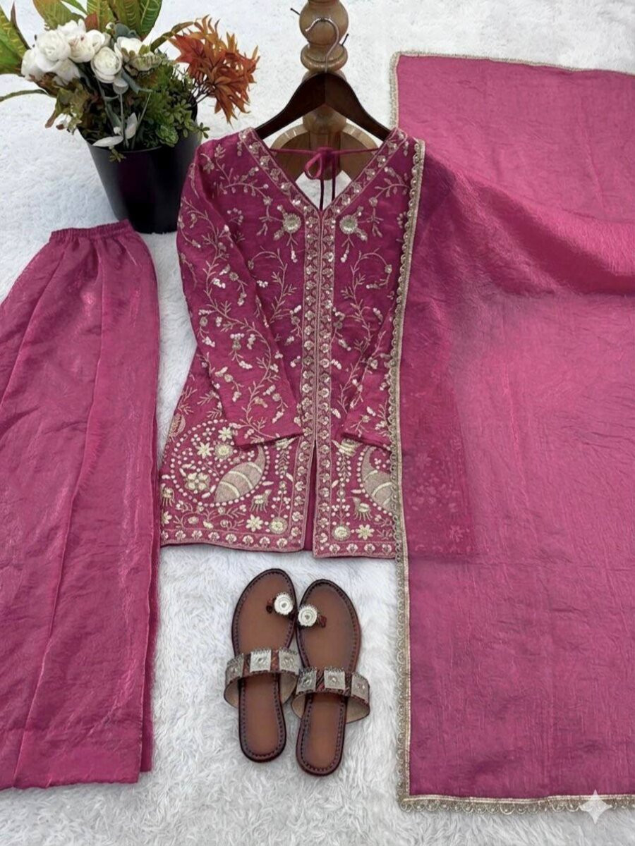 Pink Pure Fendy Silk Embroidery Sequins Wedding Party Festival Casual Ready Palazzo Pant Salwar Kameez