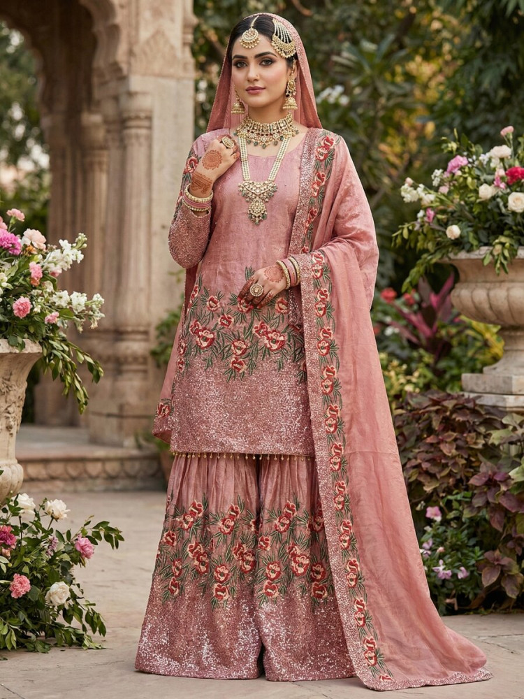 Image of Pink Pure Fendy Silk Embroidery Sequins Wedding Party Festival Reday Sharara Pant Salwar Kameez