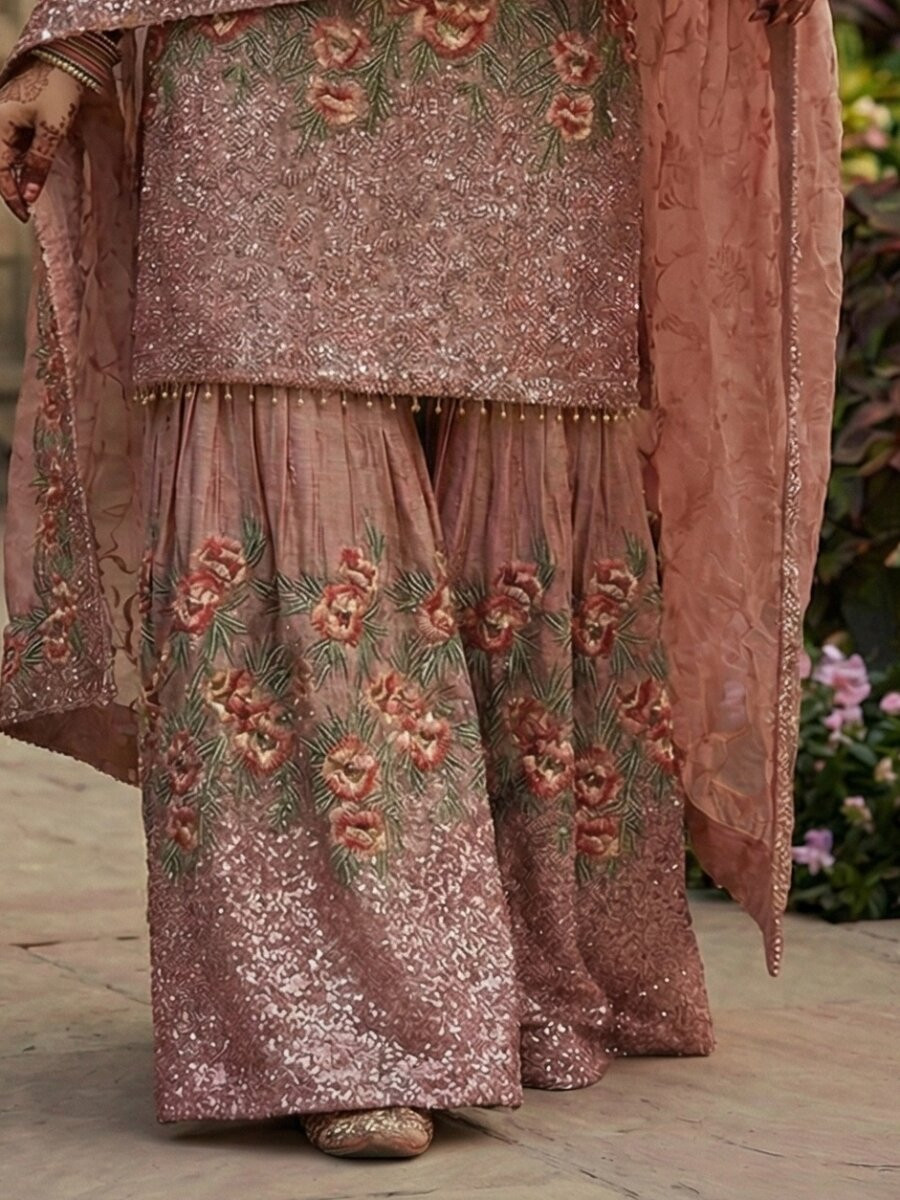 Pink Pure Fendy Silk Embroidery Sequins Wedding Party Festival Reday Sharara Pant Salwar Kameez