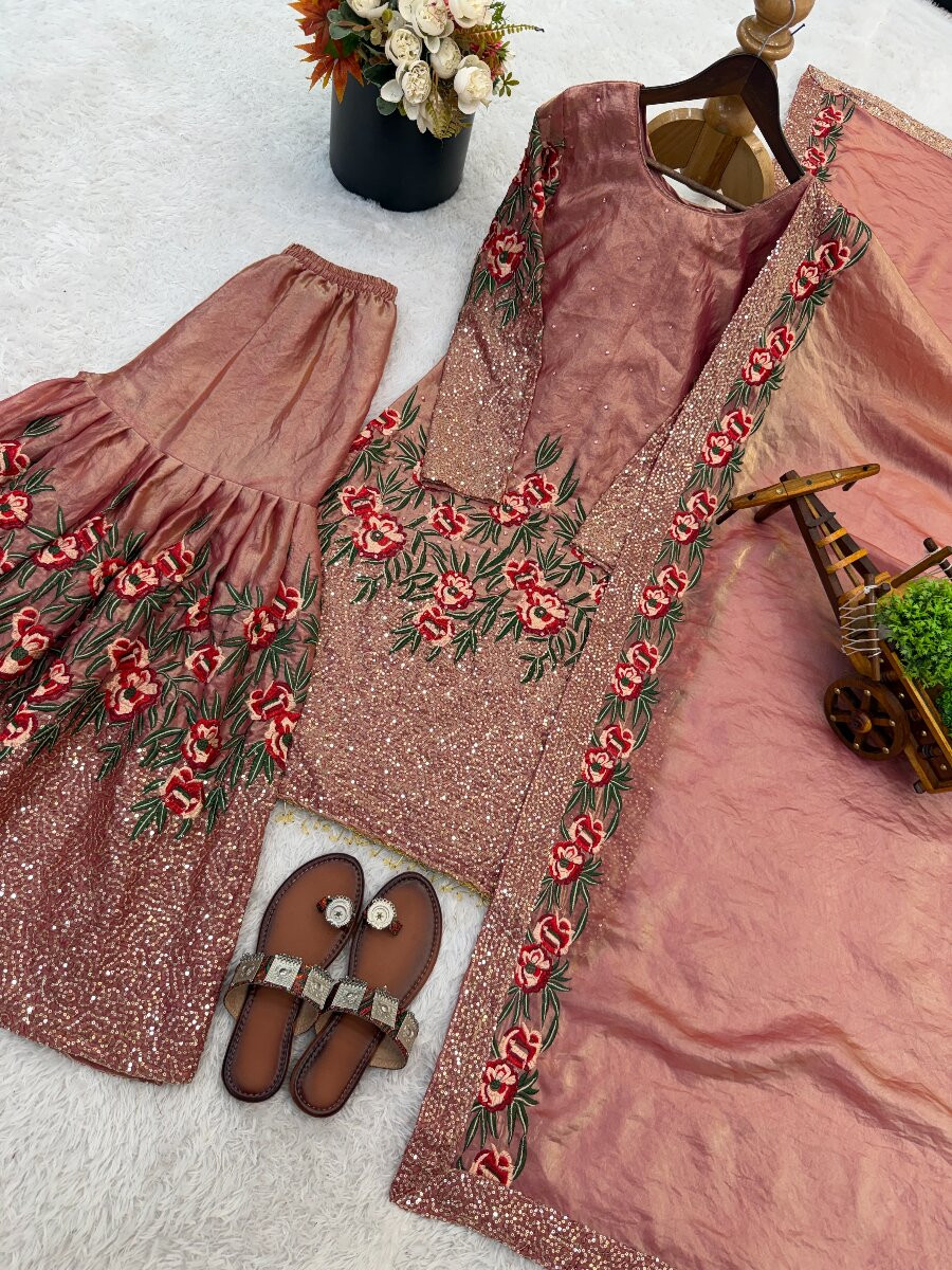 Pink Pure Fendy Silk Embroidery Sequins Wedding Party Festival Reday Sharara Pant Salwar Kameez