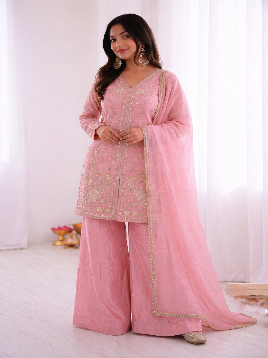 Pink Pure Fendy Silk Embroidery Sequins Zari Wedding Party Festival Casual Ready Palazzo Pant Salwar Kameez