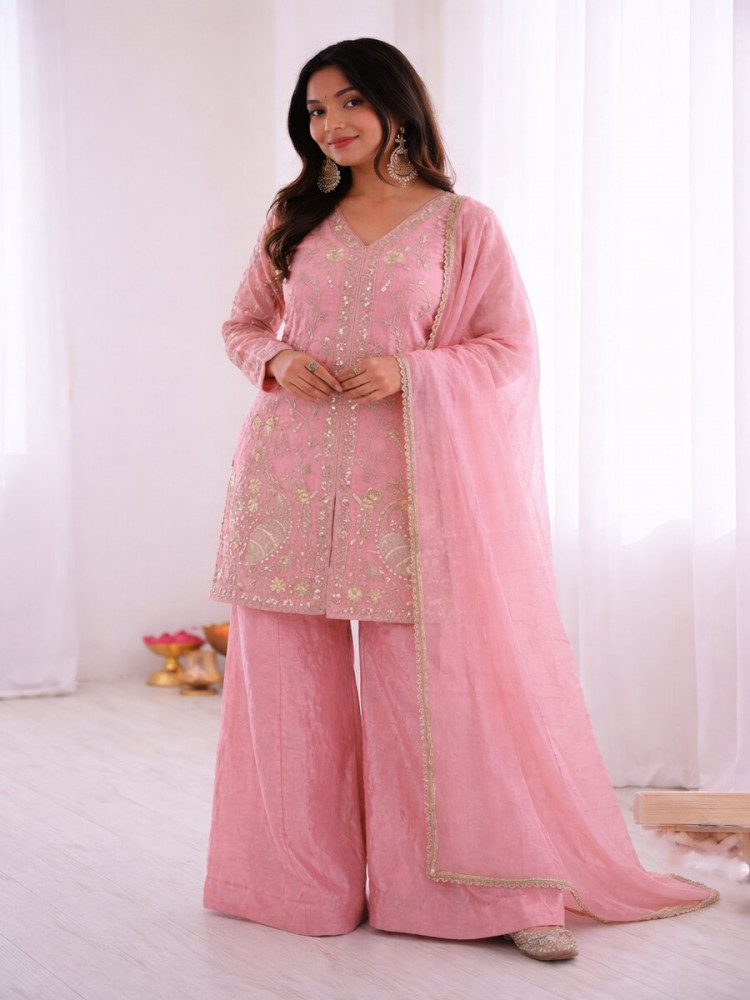 Image of Pink Pure Fendy Silk Embroidery Sequins Zari Wedding Party Festival Casual Ready Palazzo Pant Salwar Kameez