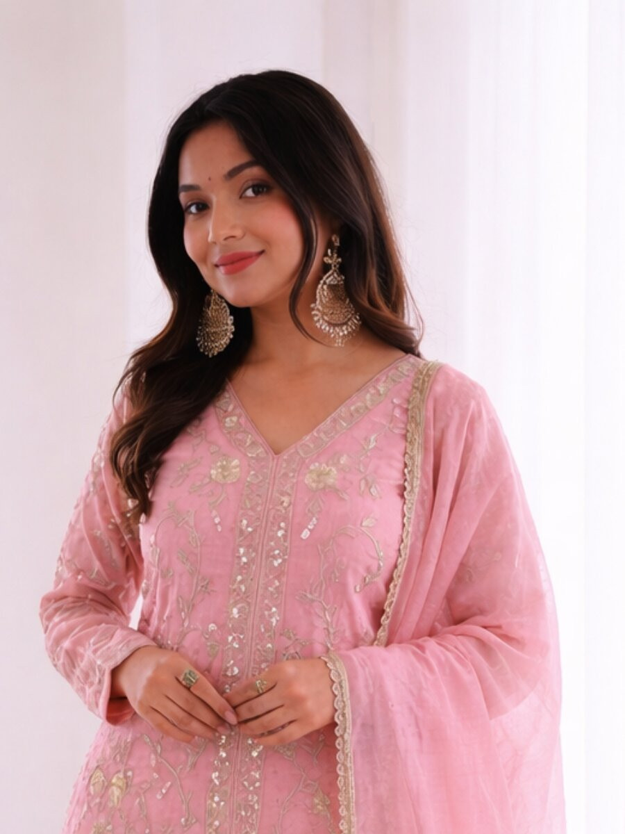 Pink Pure Fendy Silk Embroidery Sequins Zari Wedding Party Festival Casual Ready Palazzo Pant Salwar Kameez