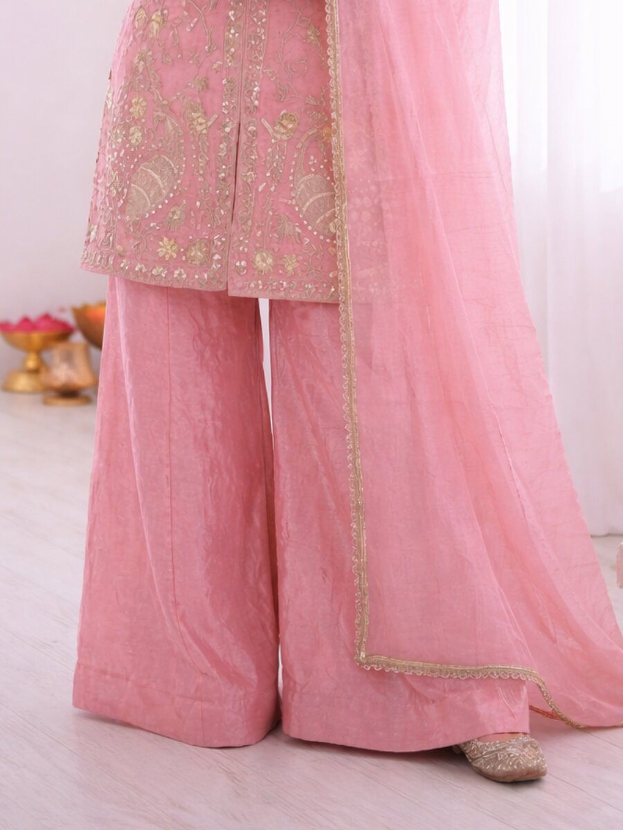 Pink Pure Fendy Silk Embroidery Sequins Zari Wedding Party Festival Casual Ready Palazzo Pant Salwar Kameez