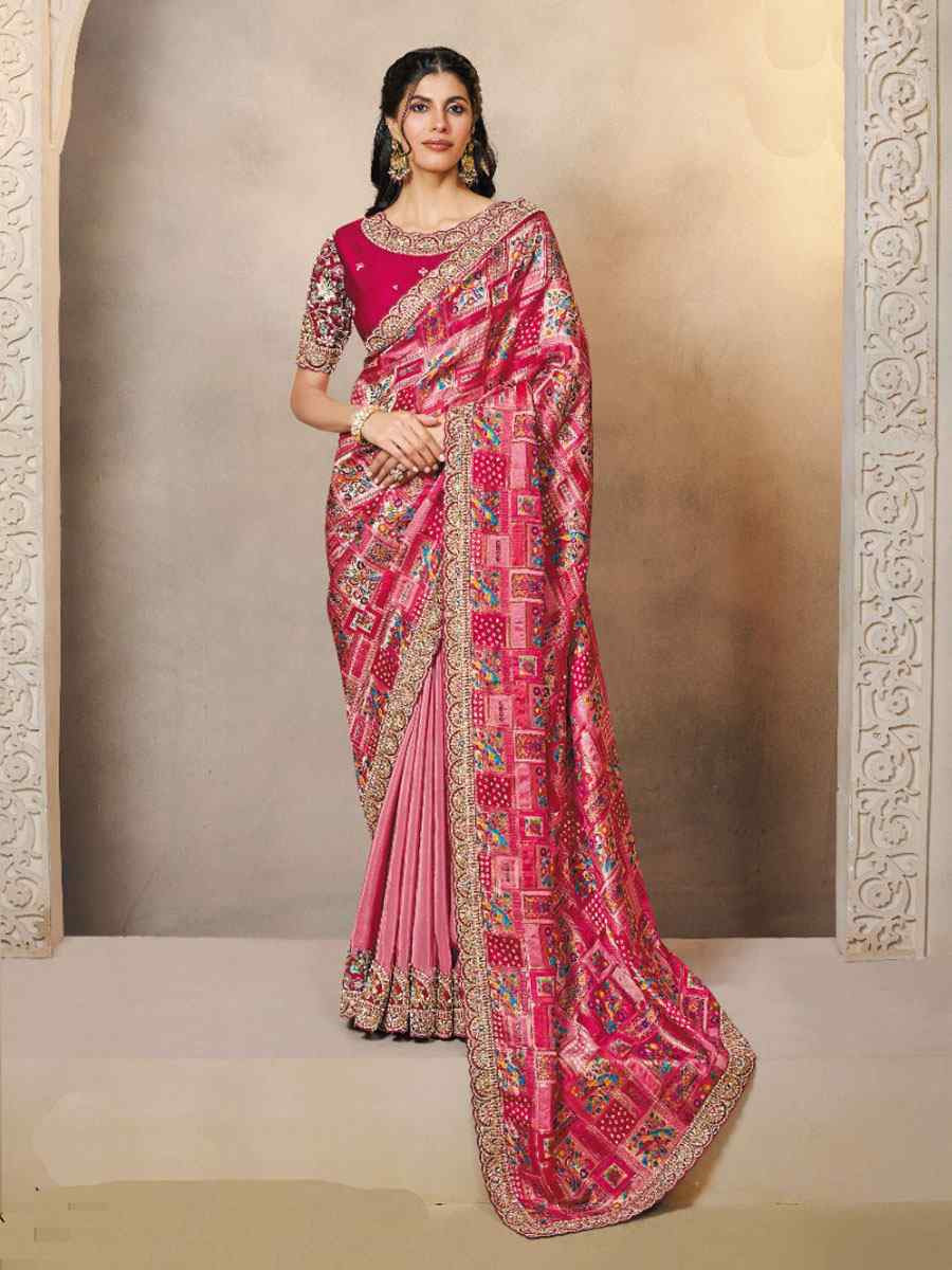 Pink Pure Gaji Jacquard Silk Embroidery Festival Wedding Fancy Heavy Border Saree