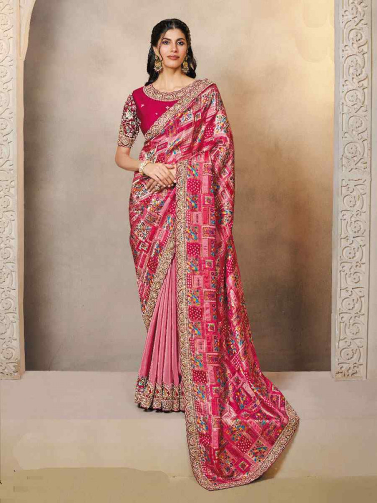 Image of Pink Pure Gaji Jacquard Silk Embroidery Festival Wedding Fancy Heavy Border Saree