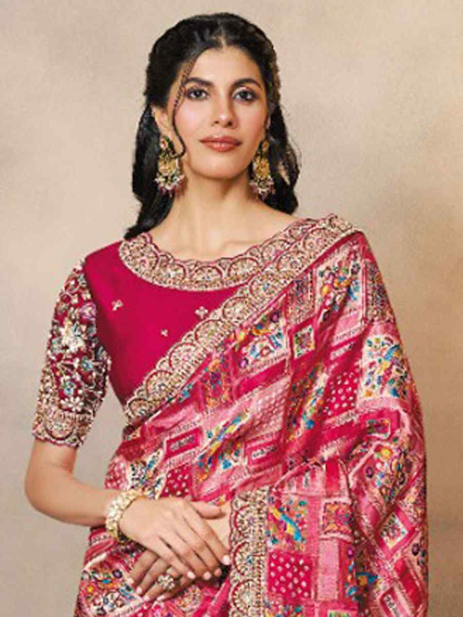 Pink Pure Gaji Jacquard Silk Embroidery Festival Wedding Fancy Heavy Border Saree