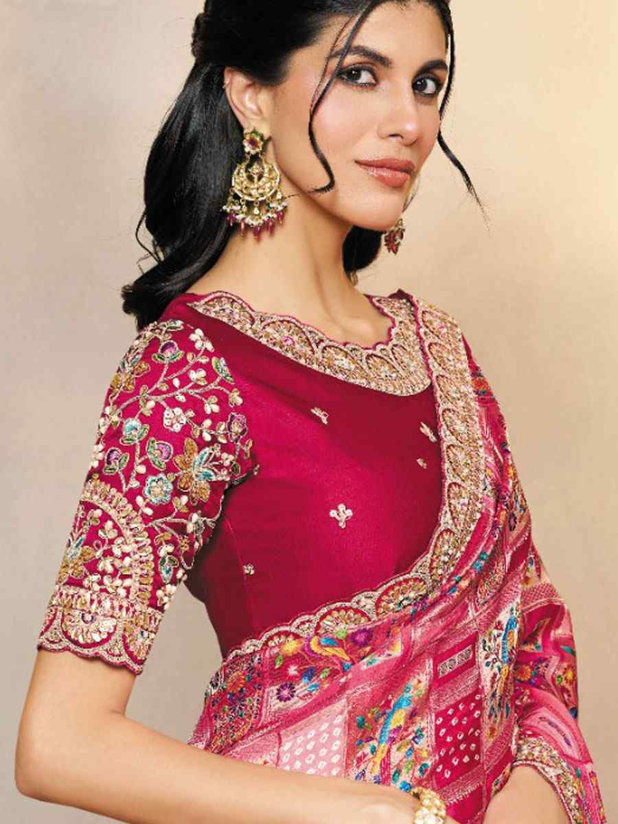 Pink Pure Gaji Jacquard Silk Embroidery Festival Wedding Fancy Heavy Border Saree