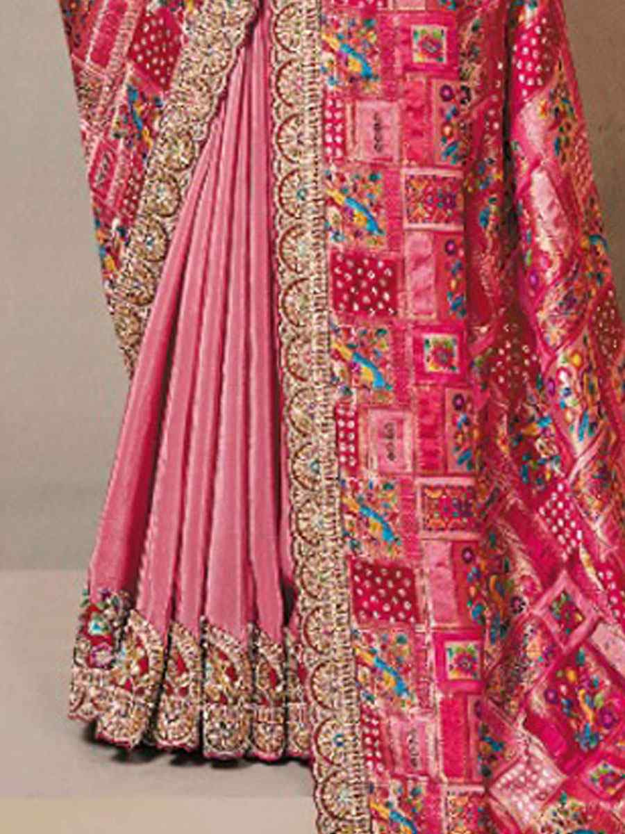 Pink Pure Gaji Jacquard Silk Embroidery Festival Wedding Fancy Heavy Border Saree