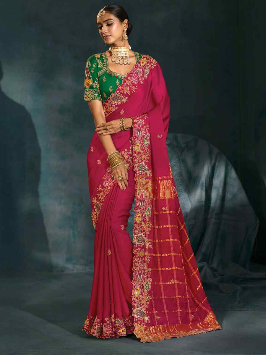 Pink Pure Gajji Silk Embroidery Bridal Reception Festival Wedding Fancy Heavy Border Saree