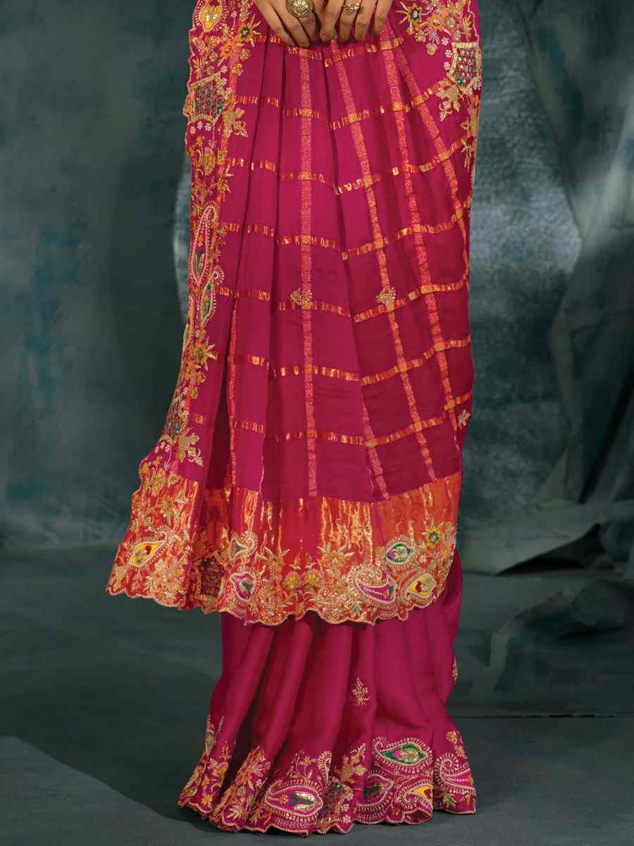 Pink Pure Gajji Silk Embroidery Bridal Reception Festival Wedding Fancy Heavy Border Saree