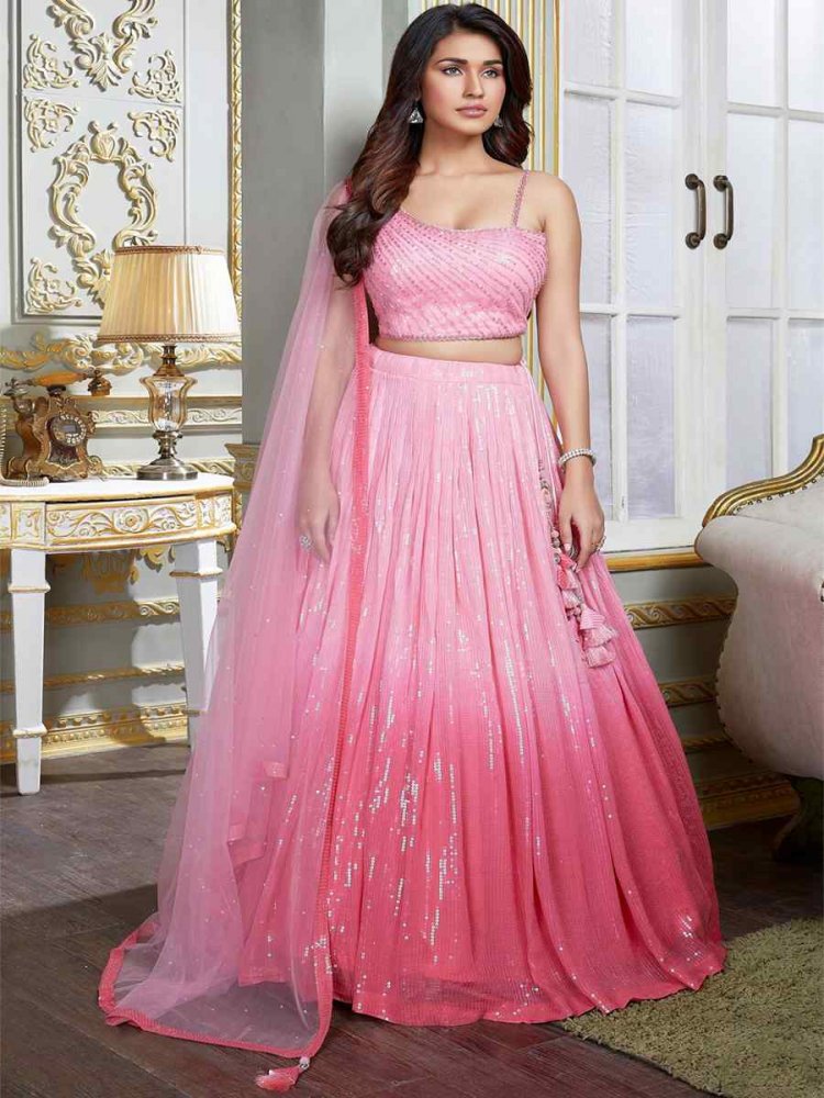 Pink Pure Georgette Embroidered Cocktail Ready Circular Lehenga Choli