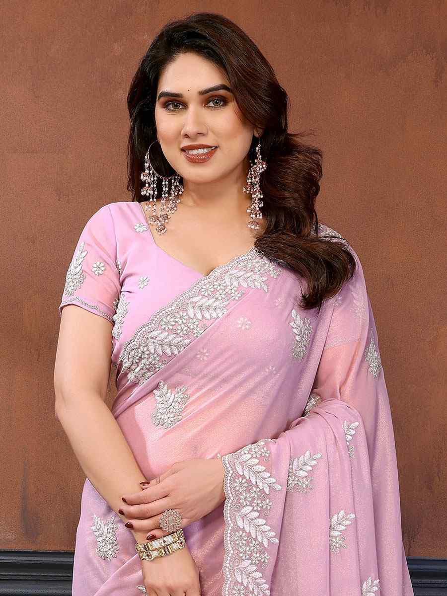Pink Pure Georgette Embroidery Festival Wedding Fancy Heavy Border Saree