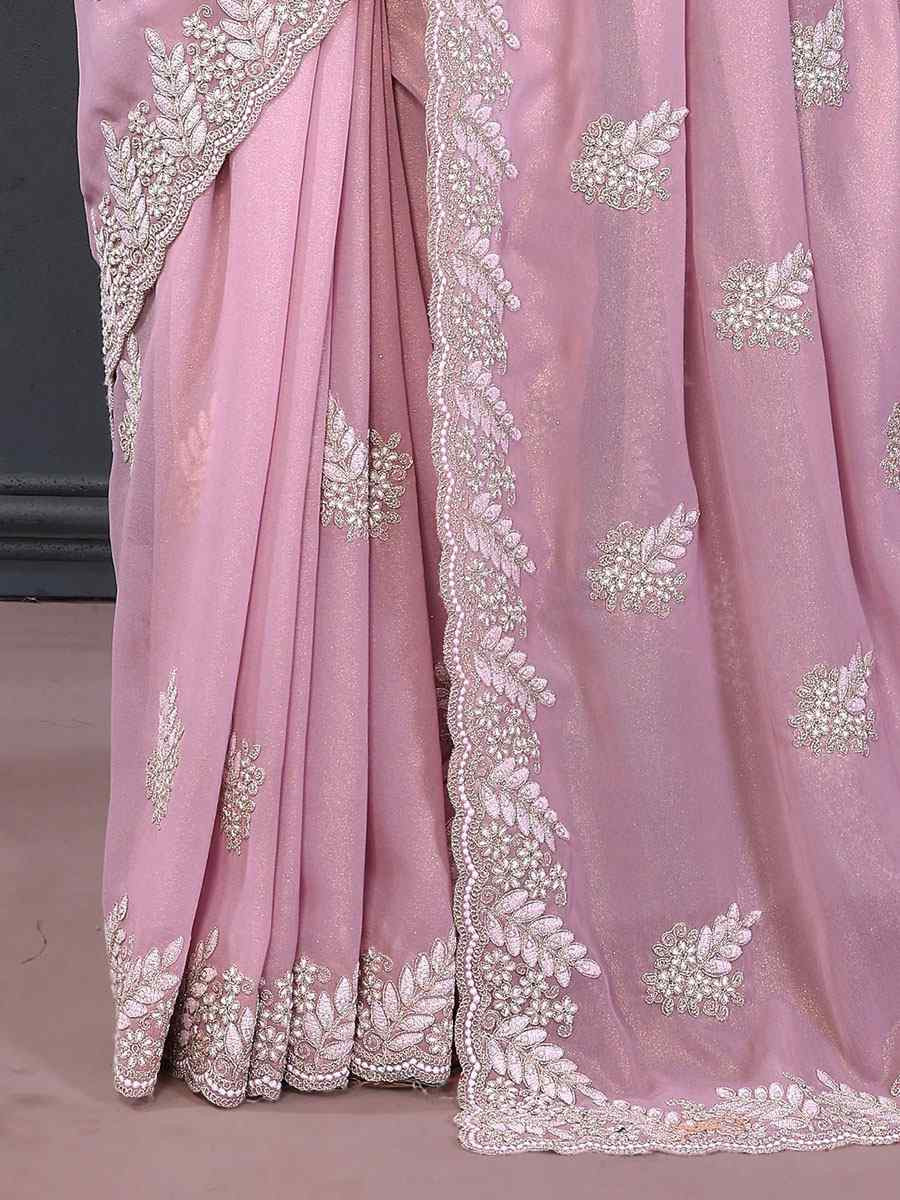 Pink Pure Georgette Embroidery Festival Wedding Fancy Heavy Border Saree