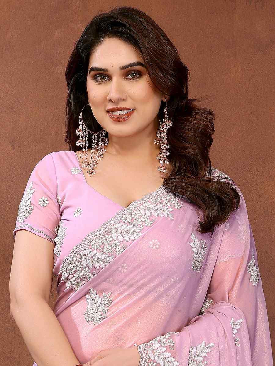 Pink Pure Georgette Embroidery Festival Wedding Fancy Heavy Border Saree