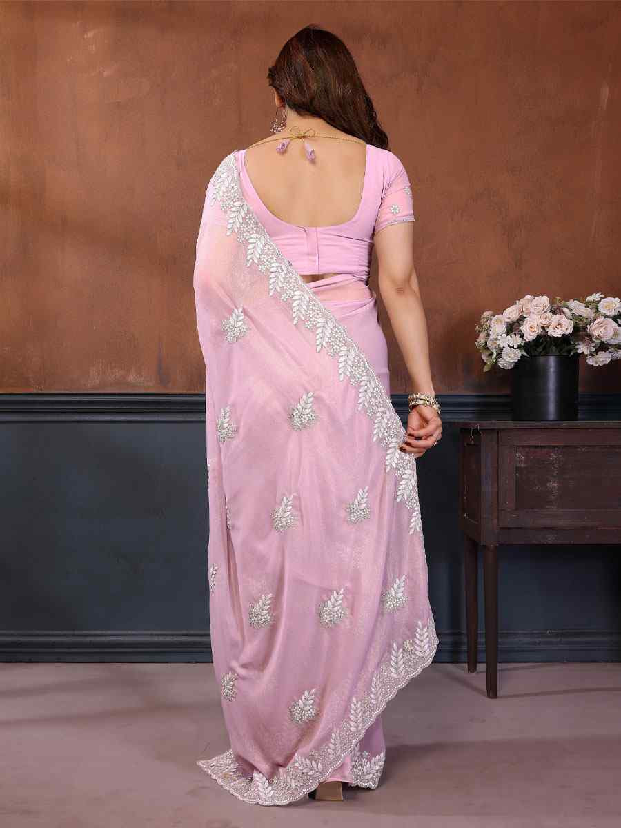 Pink Pure Georgette Embroidery Festival Wedding Fancy Heavy Border Saree