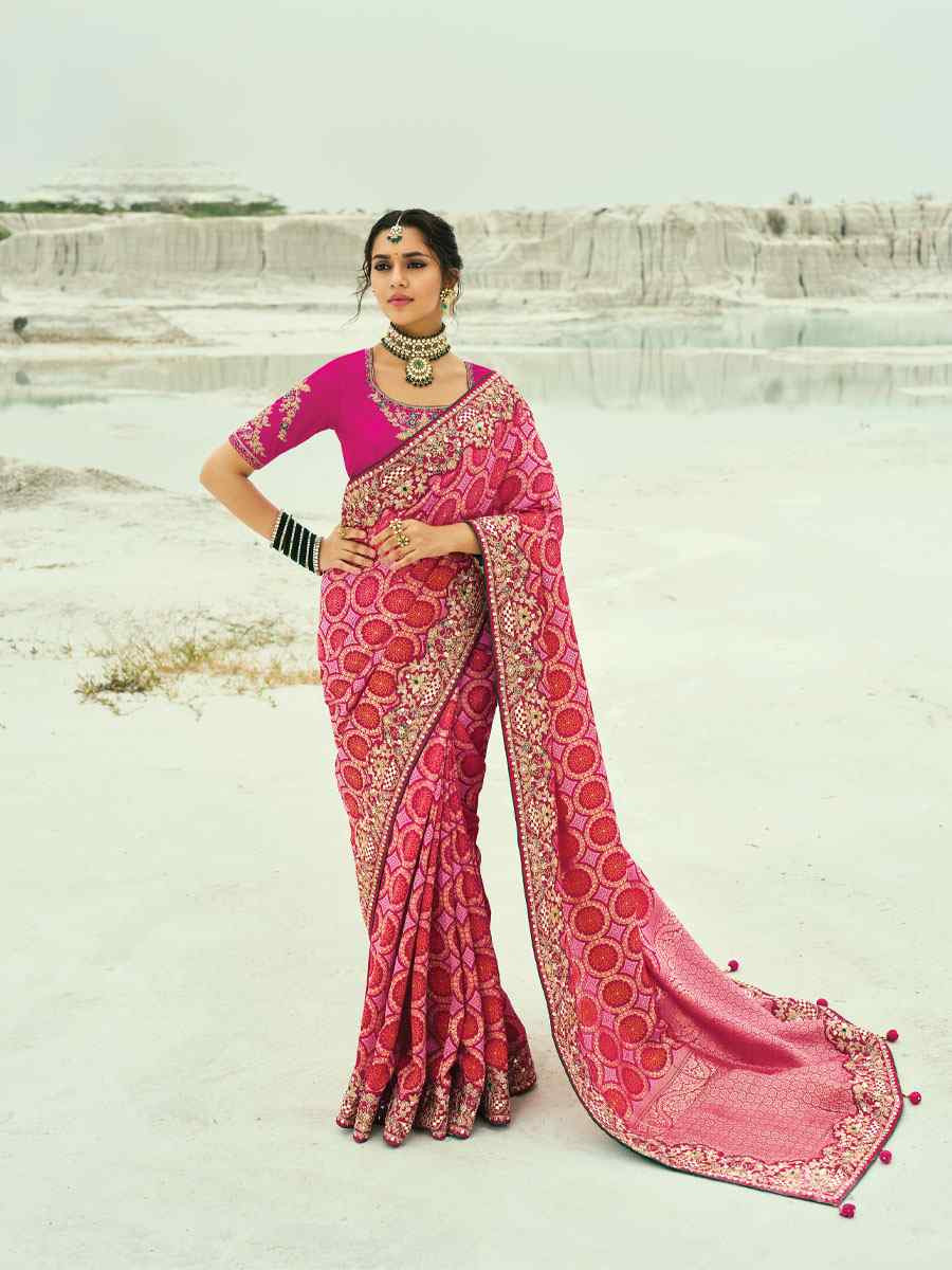 Pink Pure Georgette Handwoven Embroidery Bridal Festival Wedding Traditional Fancy Heavy Border Sarees