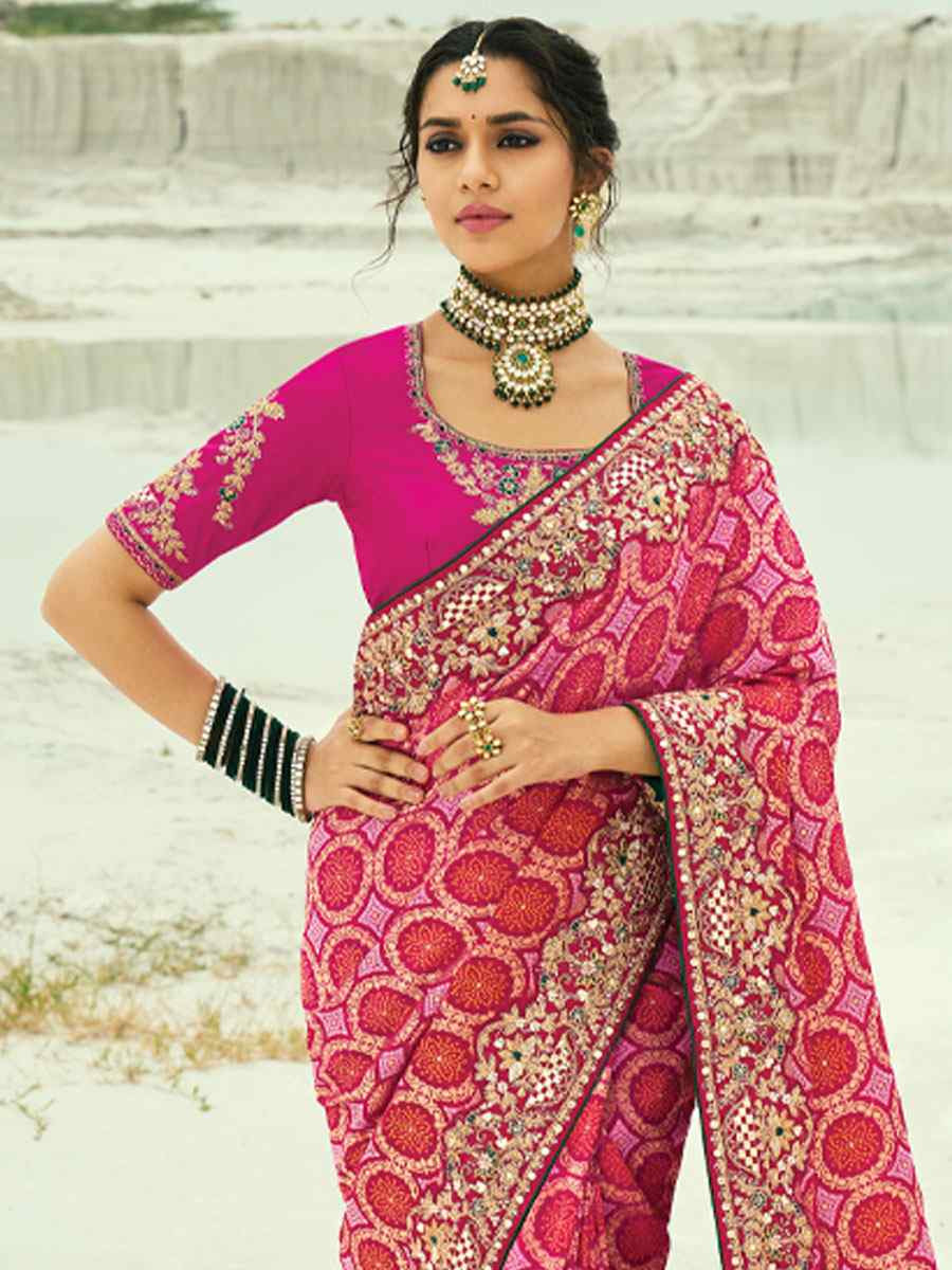 Pink Pure Georgette Handwoven Embroidery Bridal Festival Wedding Traditional Fancy Heavy Border Sarees