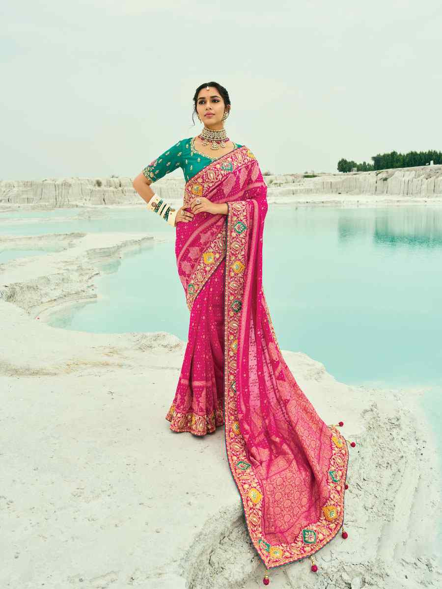 Pink Pure Georgette Handwoven Embroidery Bridal Festival Wedding Traditional Fancy Heavy Border Sarees