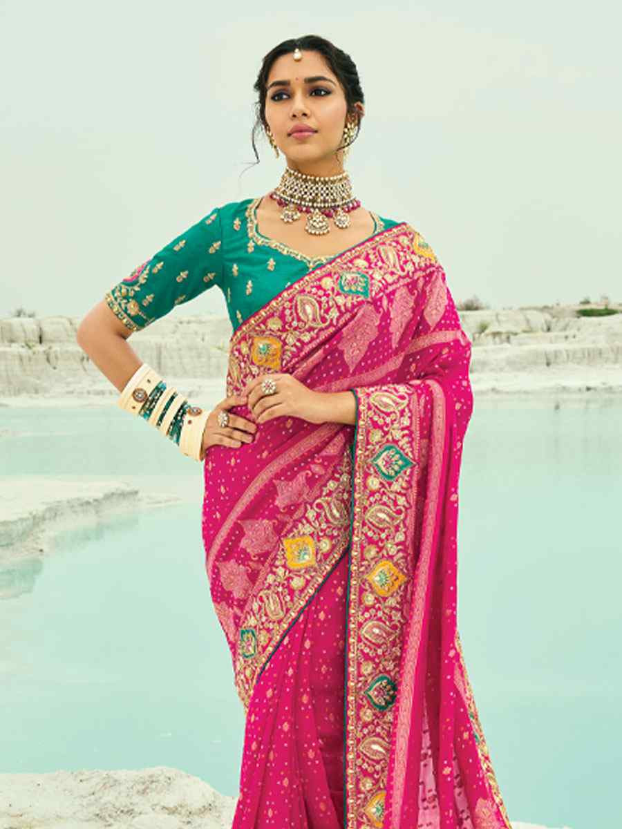 Pink Pure Georgette Handwoven Embroidery Bridal Festival Wedding Traditional Fancy Heavy Border Sarees