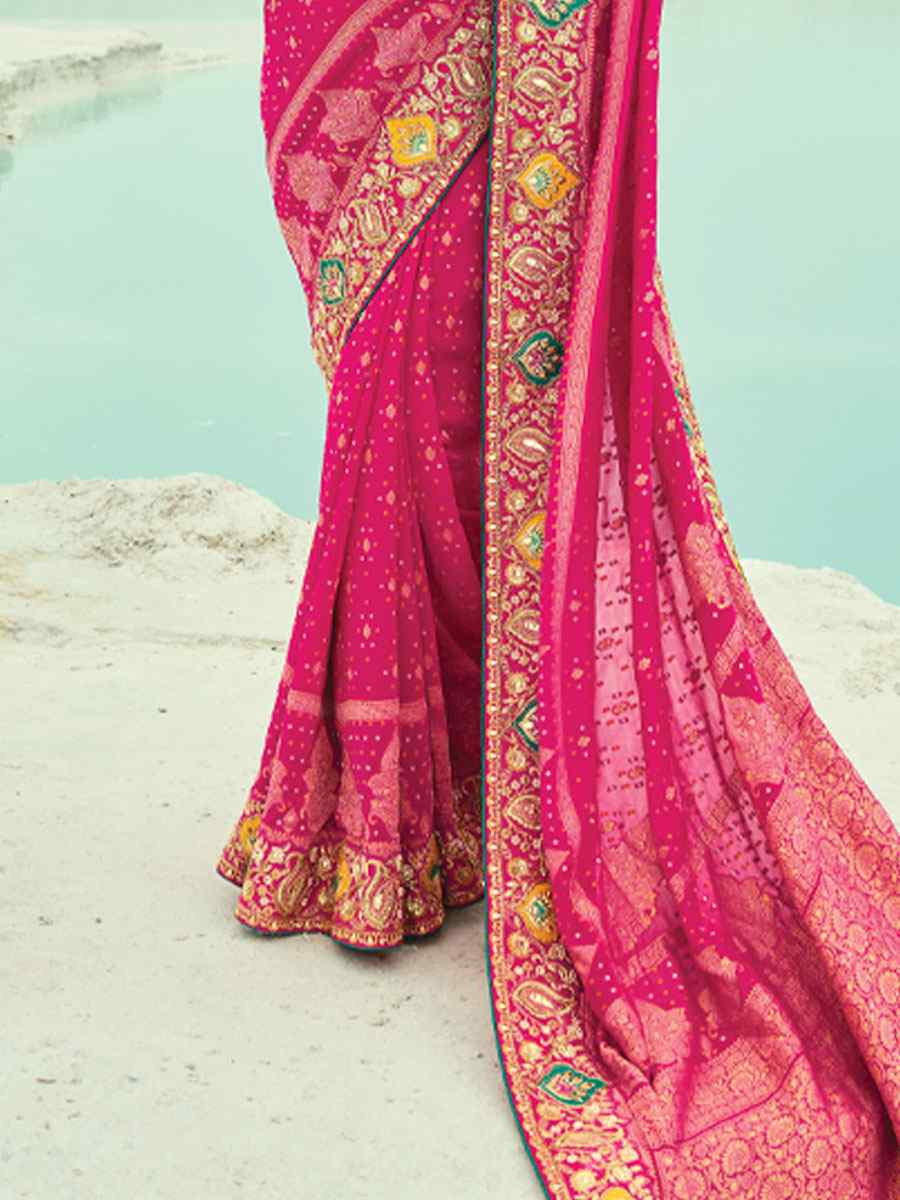 Pink Pure Georgette Handwoven Embroidery Bridal Festival Wedding Traditional Fancy Heavy Border Sarees