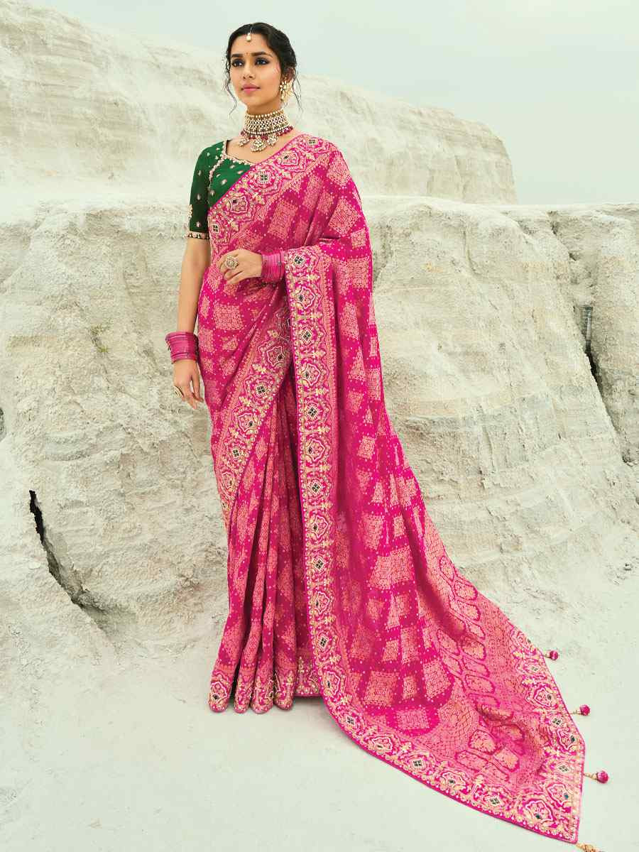 Pink Pure Georgette Handwoven Embroidery Bridal Festival Wedding Traditional Fancy Heavy Border Sarees