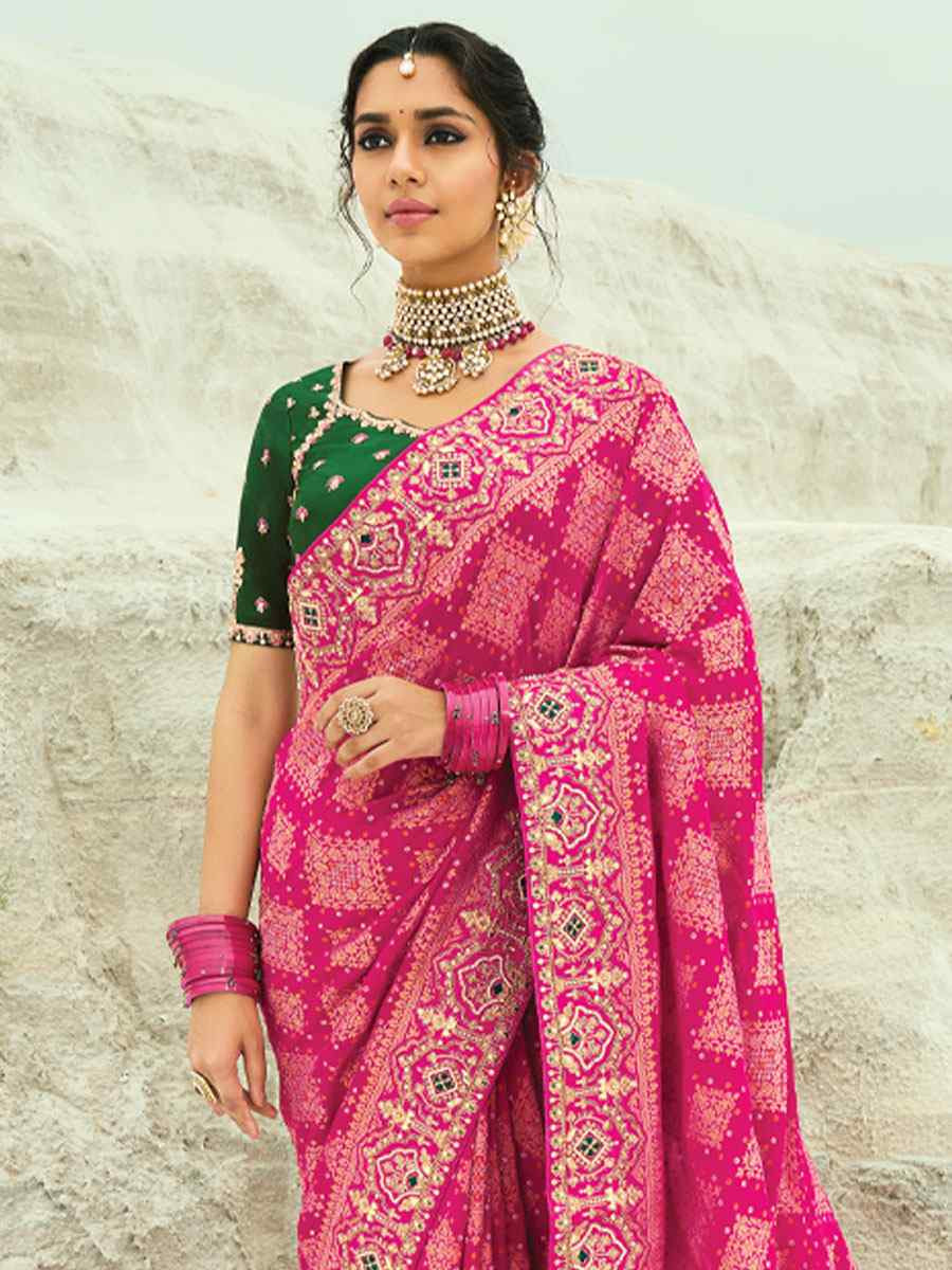 Pink Pure Georgette Handwoven Embroidery Bridal Festival Wedding Traditional Fancy Heavy Border Sarees
