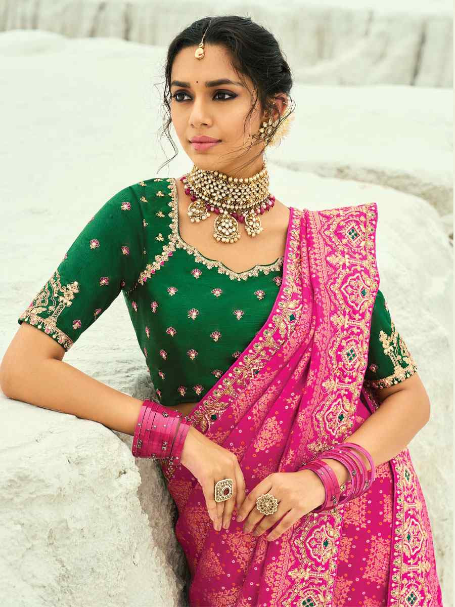 Pink Pure Georgette Handwoven Embroidery Bridal Festival Wedding Traditional Fancy Heavy Border Sarees