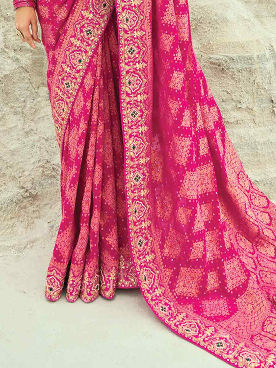 Pink Pure Georgette Handwoven Embroidery Bridal Festival Wedding Traditional Fancy Heavy Border Sarees
