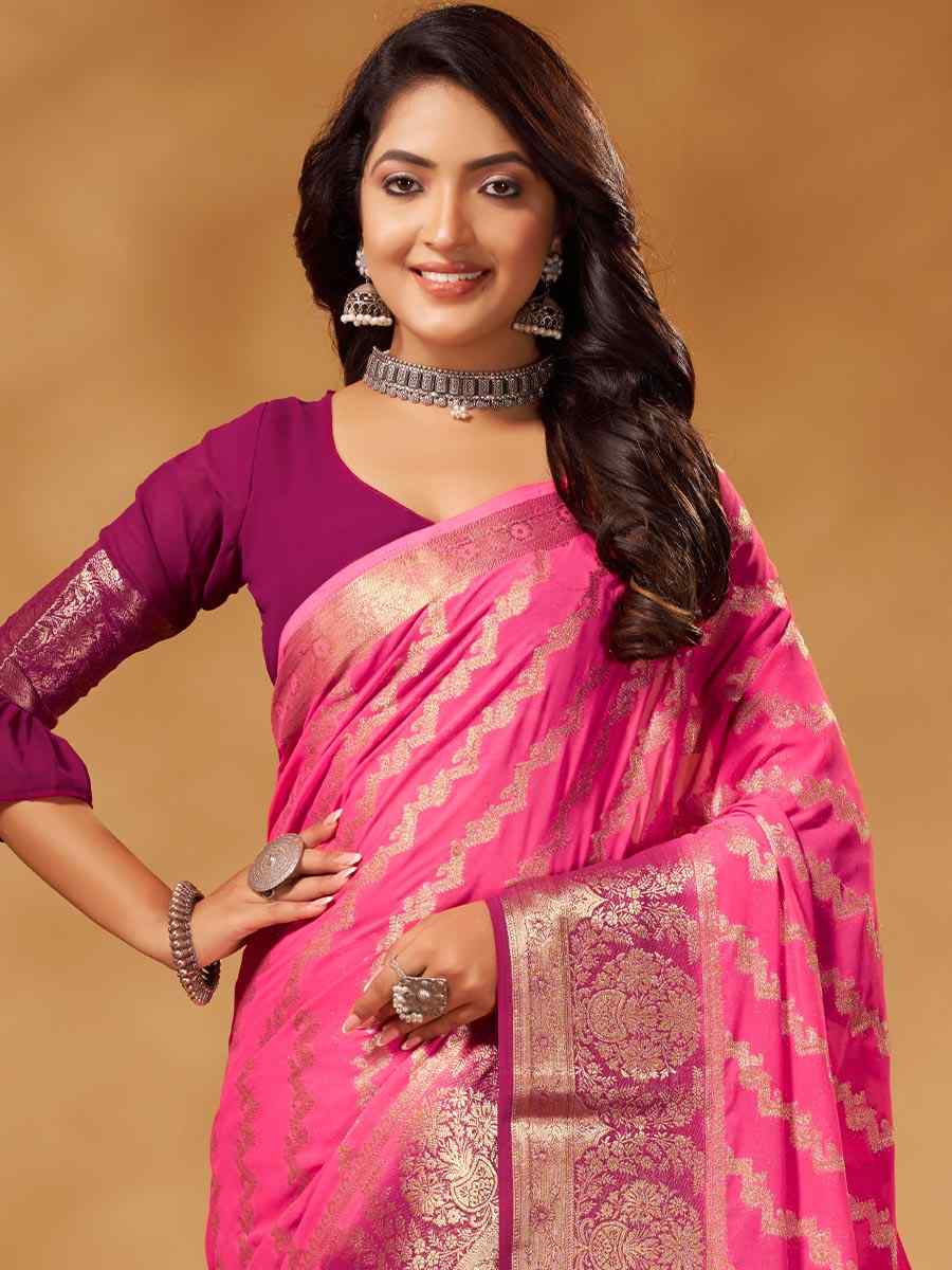 Pink Pure Georgette Handwoven Party Festival Heavy Border Saree