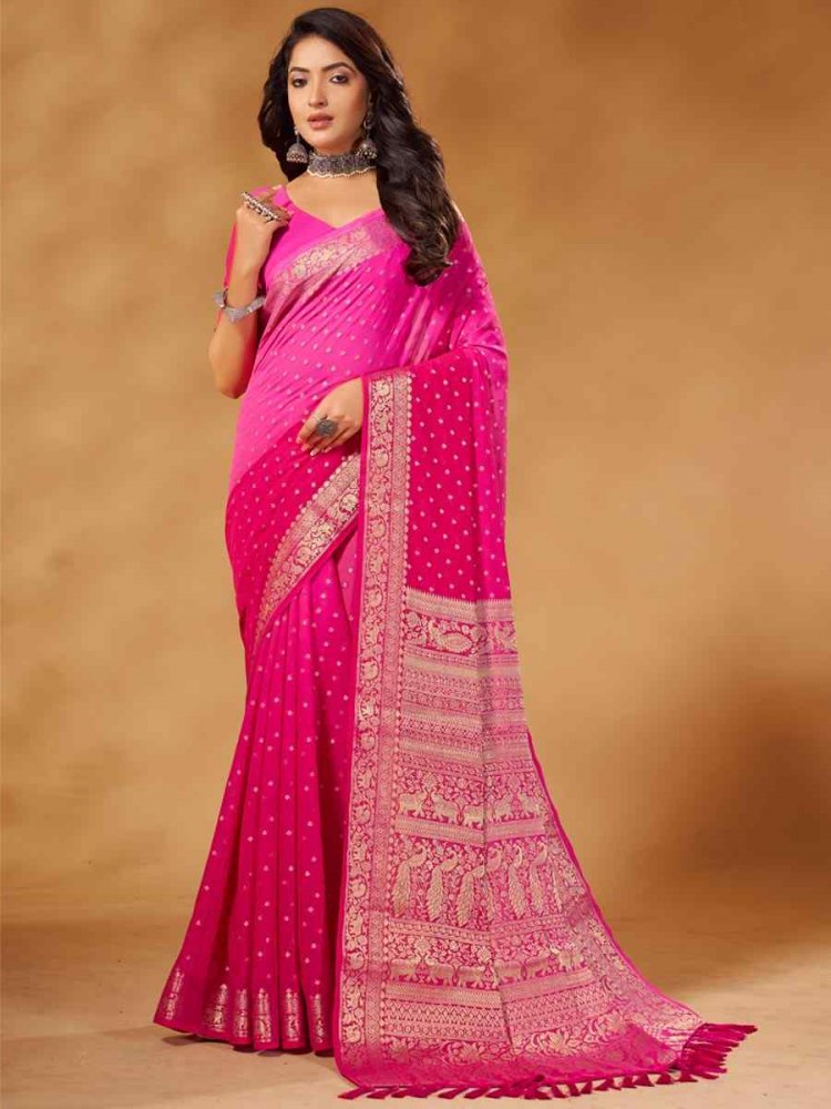 Pink Pure Georgette Handwoven Party Festival Heavy Border Saree