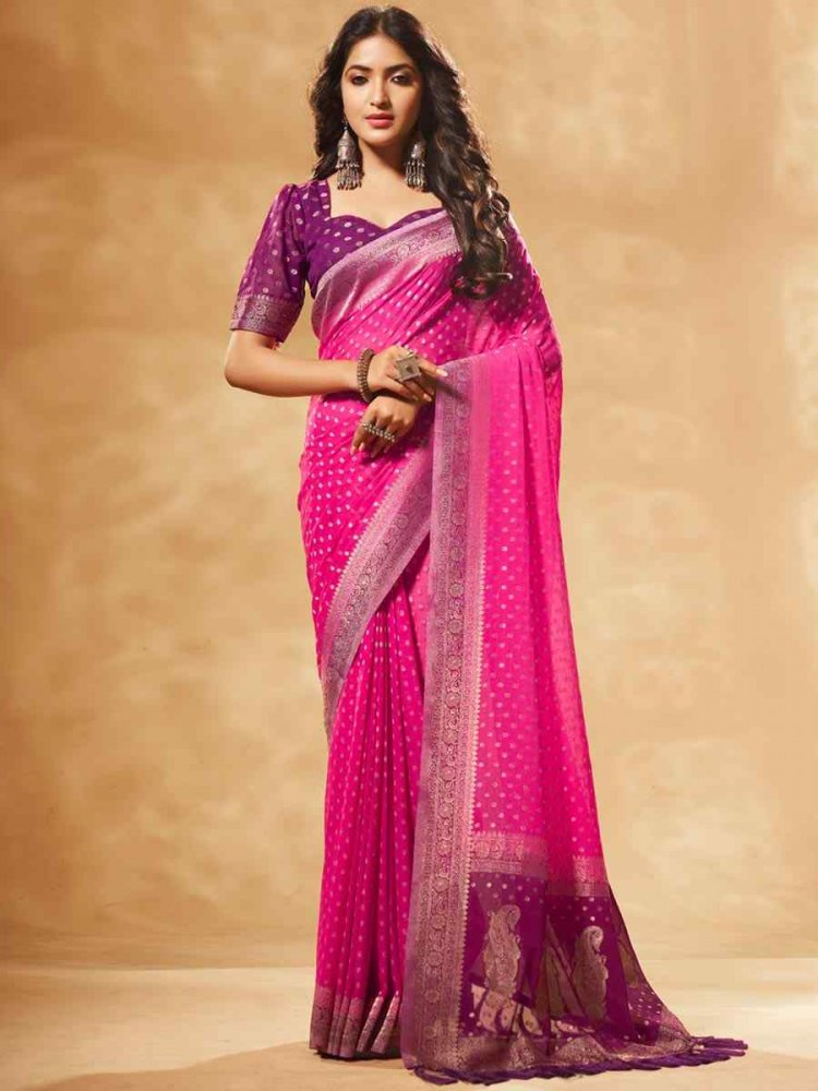 Pink Pure Georgette Handwoven Wedding Festival Heavy Border Saree