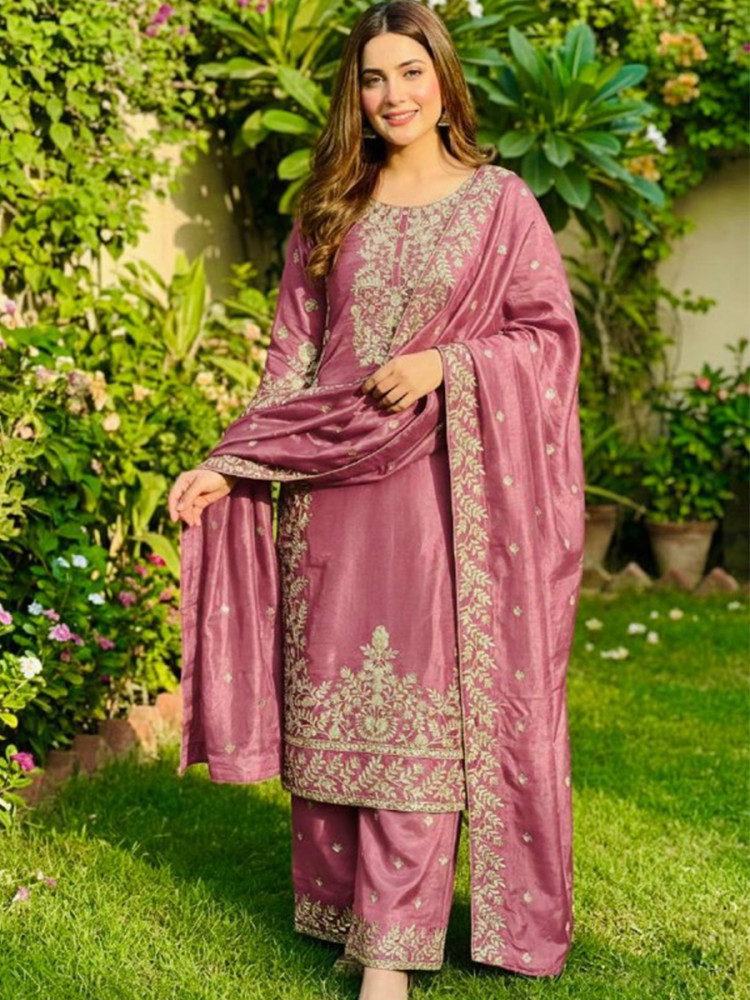 Image of Pink Pure Gmy Silk Embroidery Sequins Party Wedding Festival Casual Ready Palazzo Pant Salwar Kameez