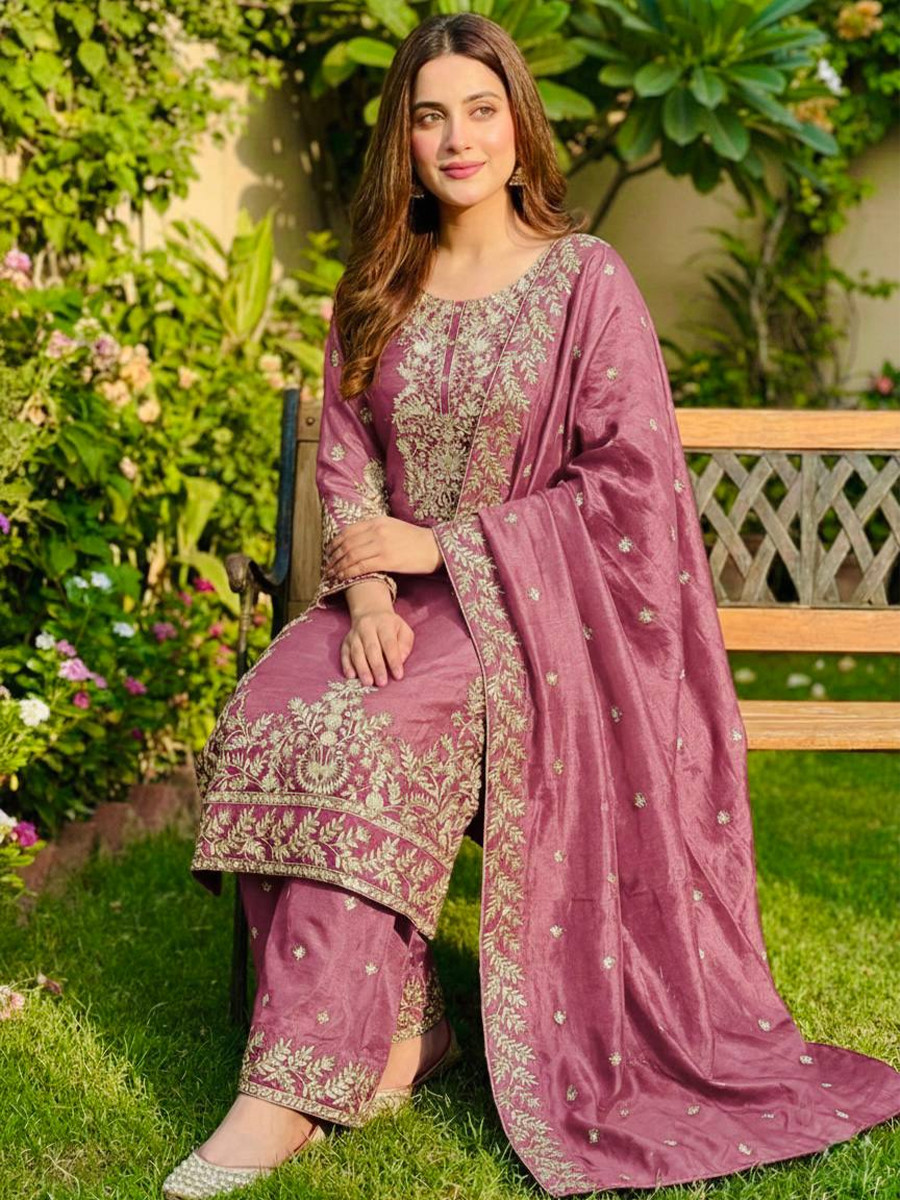 Pink Pure Gmy Silk Embroidery Sequins Party Wedding Festival Casual Ready Palazzo Pant Salwar Kameez