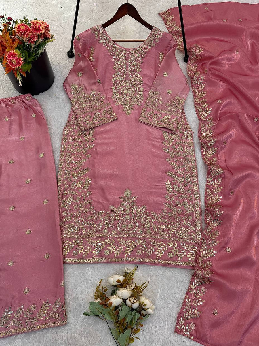 Pink Pure Gmy Silk Embroidery Sequins Party Wedding Festival Casual Ready Palazzo Pant Salwar Kameez