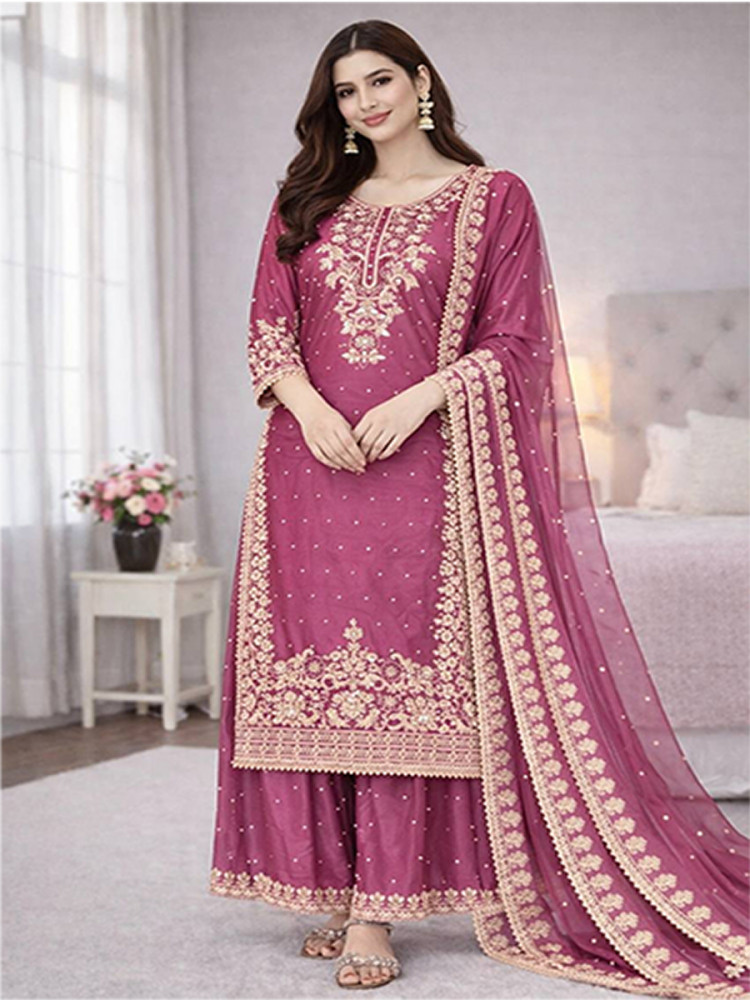 Image of Pink Pure Gmy Silk Embroidery Sequins Stone Work Wedding Party Festival Ready Palazzo Pant Salwar Kameez