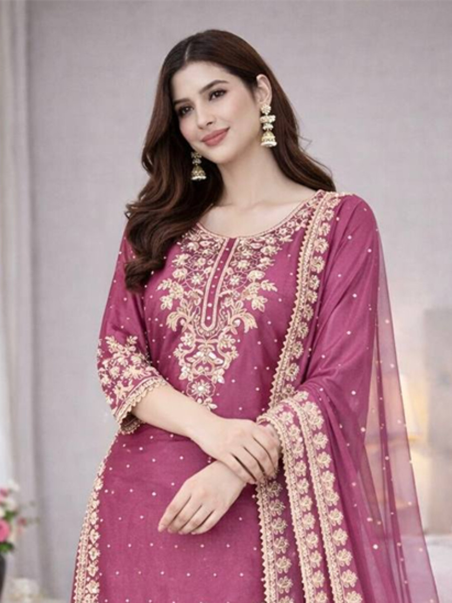 Pink Pure Gmy Silk Embroidery Sequins Stone Work Wedding Party Festival Ready Palazzo Pant Salwar Kameez