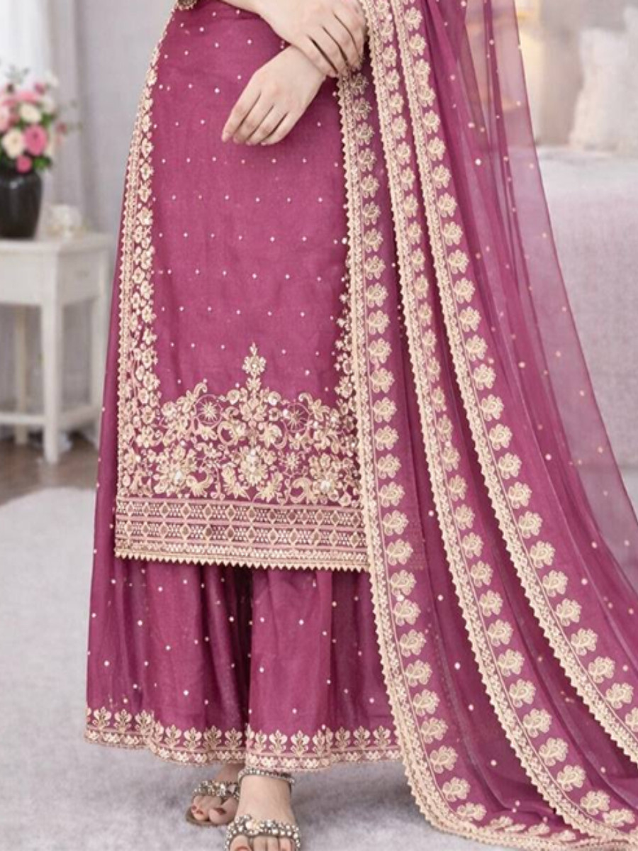 Pink Pure Gmy Silk Embroidery Sequins Stone Work Wedding Party Festival Ready Palazzo Pant Salwar Kameez
