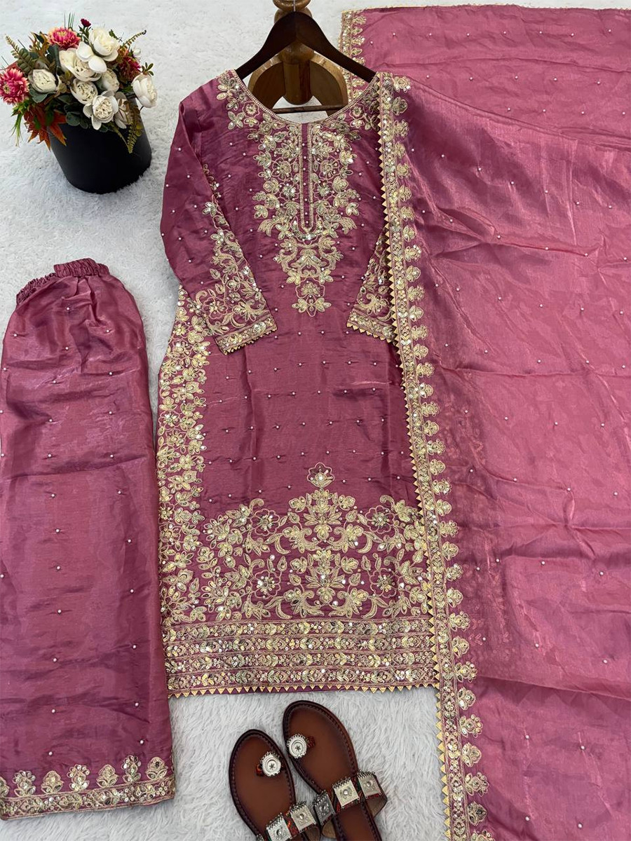 Pink Pure Gmy Silk Embroidery Sequins Stone Work Wedding Party Festival Ready Palazzo Pant Salwar Kameez