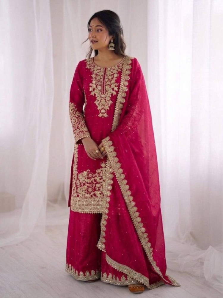 Image of Pink Pure GMY Silk Embroidery Sequins Stone Zari Wedding Party Festival Ready Palazzo Pant Salwar Kameez