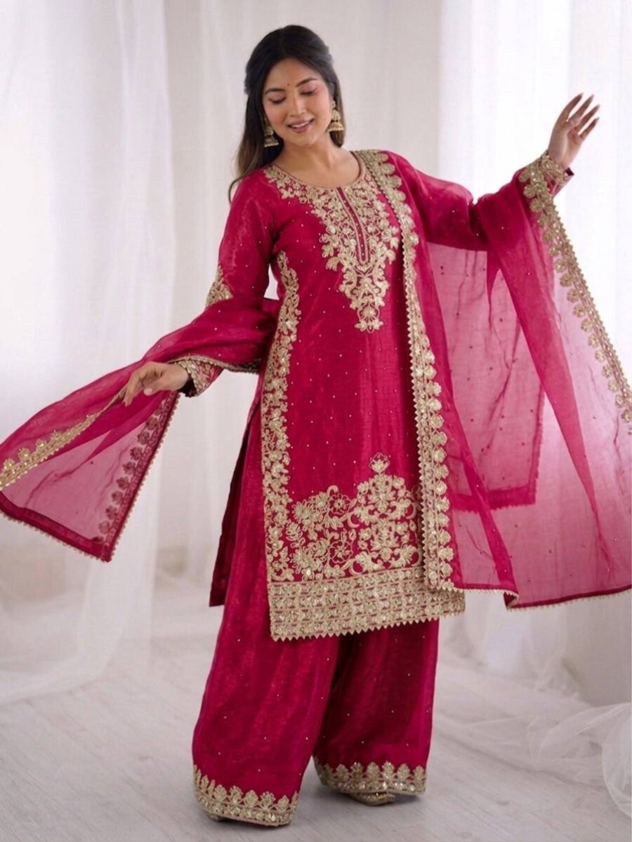 Pink Pure GMY Silk Embroidery Sequins Stone Zari Wedding Party Festival Ready Palazzo Pant Salwar Kameez
