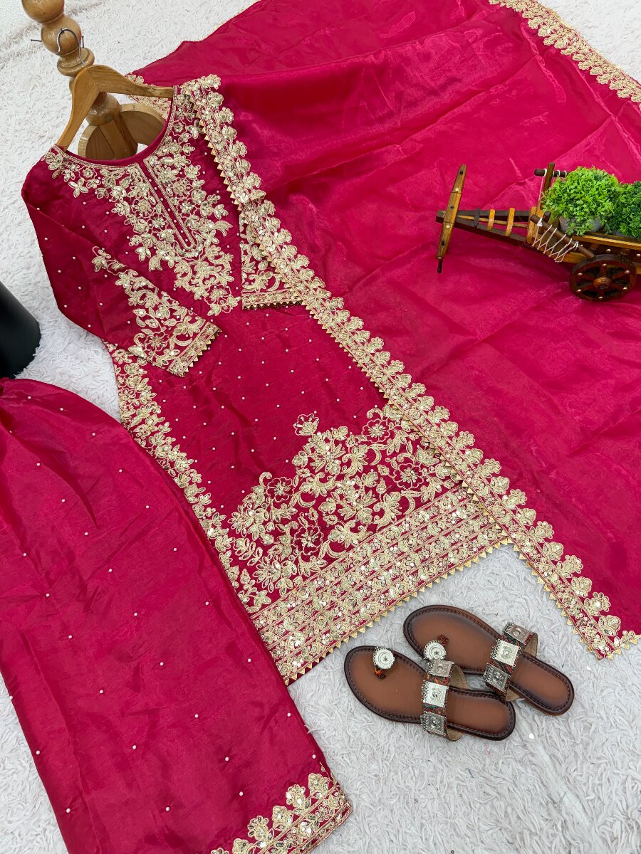 Pink Pure GMY Silk Embroidery Sequins Stone Zari Wedding Party Festival Ready Palazzo Pant Salwar Kameez