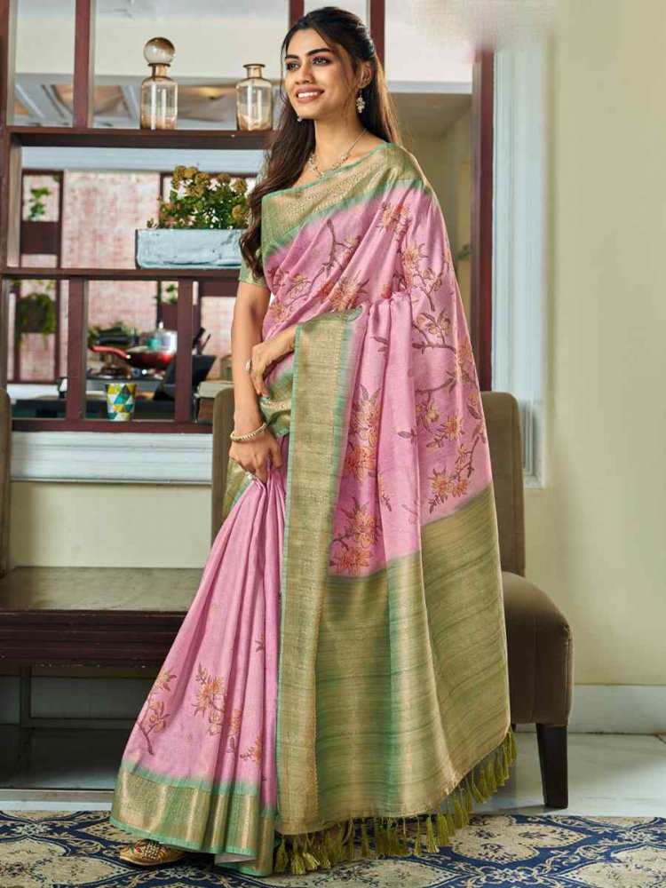 Pink Pure Handloom Silk Handwoven Wedding Festival Heavy Border Saree