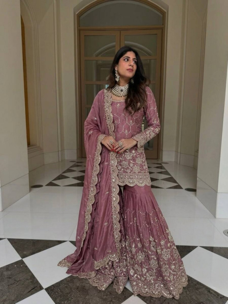 Image of Pink Pure Heavy Gmy Silk Embroidery Sequins Mirror Hand Work Wedding Party Festival Casual Ready Sharara Pant Salwar Kameez
