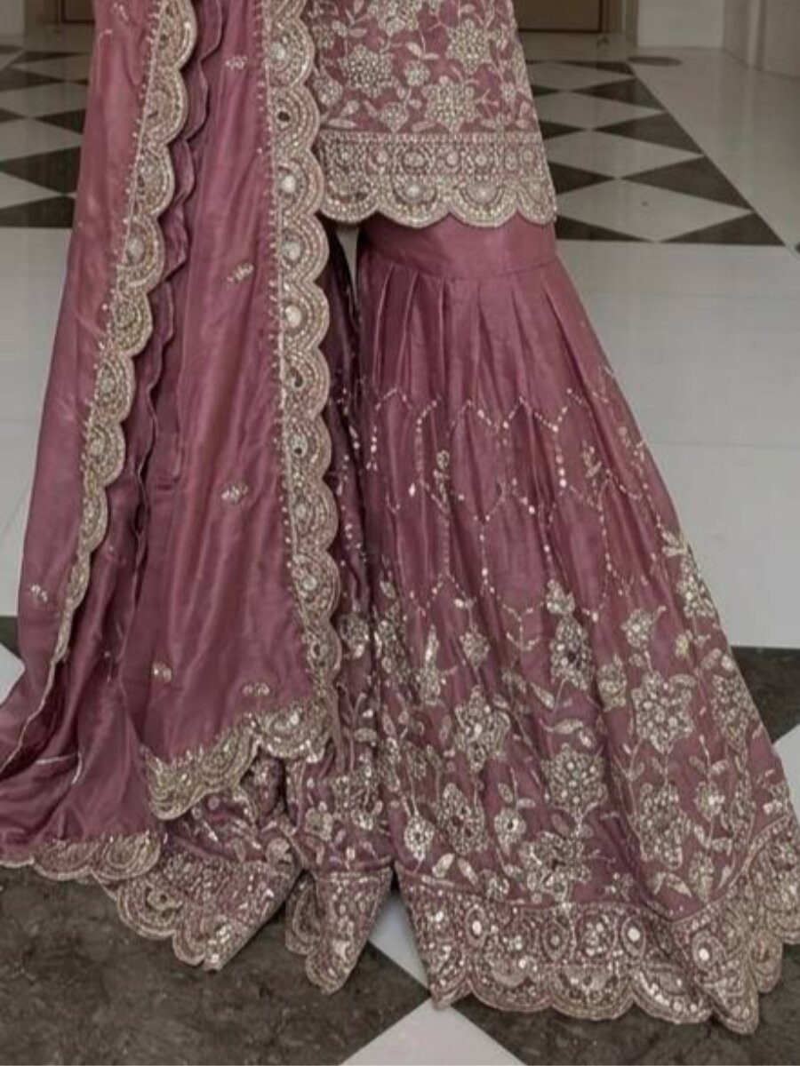 Pink Pure Heavy Gmy Silk Embroidery Sequins Mirror Hand Work Wedding Party Festival Casual Ready Sharara Pant Salwar Kameez